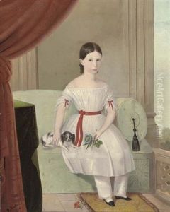 Portrait Of A Young Girl In A White Dress And Red Sash, A Spaniel To Her Side