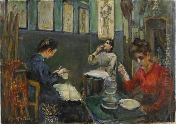 Academie Julian (stora Dame Ateliern) Med Mademoiselle Beson Som Dricker Ur Sitt Glas - view 1