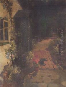 Cottage Garden With Black Cat by Florence Carlyle