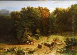 Paisaje Boscoso Con Figura Y Abrevadero