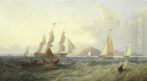 A '74' Of The Royal Navy Beating Along The Coast In A Stiff Breeze, The Flags At Her Main Masthead Signalling "adieu" To The Many Smaller Vessels Nearby