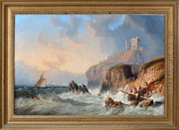 Figures Salvaging Spars From A Shipwreck On The Rocks Below A Ruined Castle - view 1