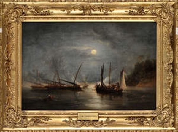 Slave Boats Surprised In A Moonlit Coastal Setting - view 1