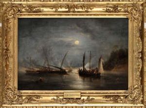 Slave Boats Surprised In A Moonlit Coastal Setting by John Wilson Carmichael