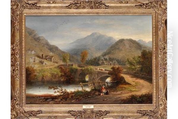 A Lake District Scene With Figures By A Bridge - view 1