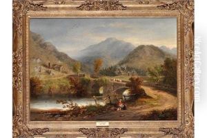 A Lake District Scene With Figures By A Bridge