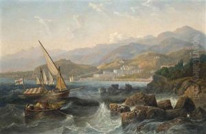 A Spanish Xebec And Other Local Craft In The Mediterranean Off The Harbour Of Monte Carlo, Monaco by John Wilson Carmichael