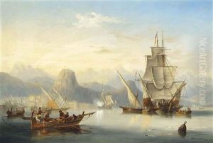 Local Craft And A Saluting Frigate In The Bay Of Rethymnon, Crete, With The Port Citadel Rising To The Left And Mount Ida Seen In The Distance Beyond by John Wilson Carmichael