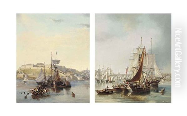 Fishing Vessels At Anchor Lying Before The Citadel At Plymouth (+ View From The Harbour Of The Old Town Of Plymouth (both Illustrated); Pair) - view 1