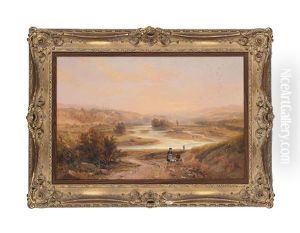 Travelers Resting In A Valley By A River, At Sunset