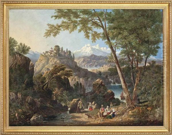 A Mountainous River Landscape With Travellers In The Foreground And A Village Beyond - view 1
