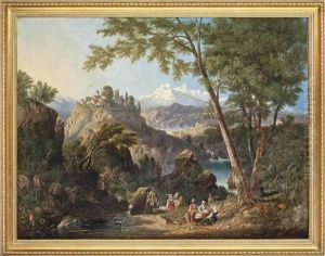 A Mountainous River Landscape With Travellers In The Foreground And A Village Beyond by John Wilson Carmichael