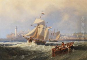 A Dutch Hoy Outward-bound Off Scarborough, With A Large Dutch Lugger Heading Into Harbour by John Wilson Carmichael