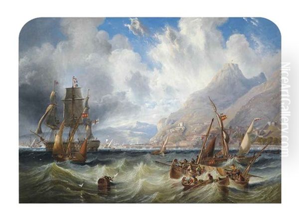 A Large Second Rate, (h.m.s. Asia?) Passing Through Local Small Craft Off Gibraltar - view 1