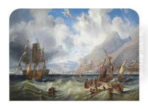 A Large Second Rate, (h.m.s. Asia?) Passing Through Local Small Craft Off Gibraltar