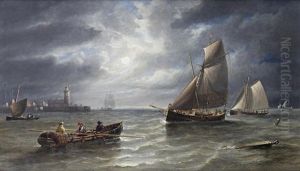 Small Traders And Fishing Boats Running Into Harbor By Moonlight by John Wilson Carmichael