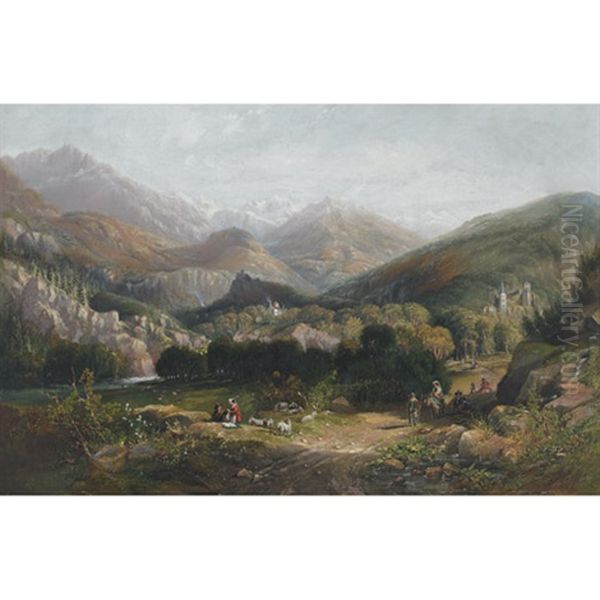 Extensive Alpine Vista With Shepherds Resting And Travelers Mingling - view 1