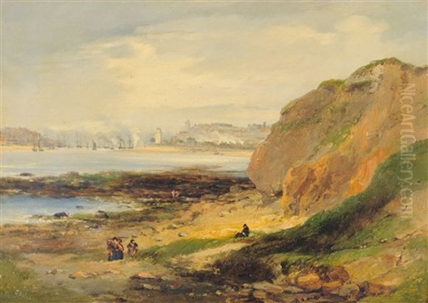 Coastal Scene, Figures In The Foreground And Shipping Off A Harbor In The Distance (sketch) - view 1