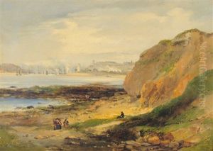 Coastal Scene, Figures In The Foreground And Shipping Off A Harbor In The Distance (sketch)