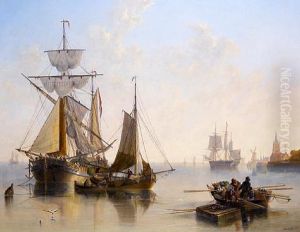 A Tranquil Day On The Scheldt, With Traditional Craft At Work Inshore And An Outbound Merchantman Trying To Catch A Breeze Beyond