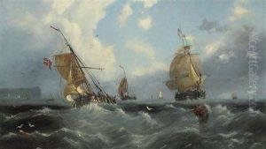 Fishing Boats, Barges And Commercial Traders Running Down The Coast In A Stiff Offshore Breeze by John Wilson Carmichael