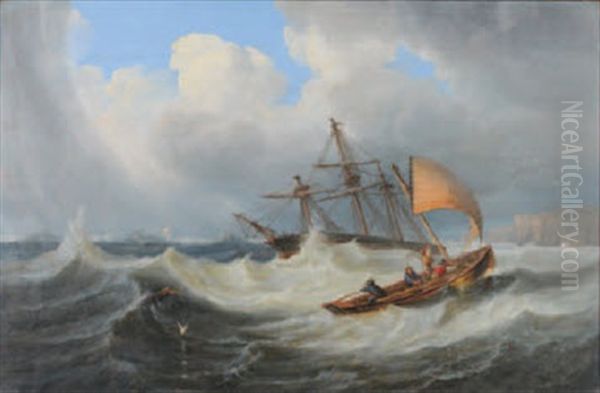 A Three Masted Merchantman Lying To Wind, Under Anchor, In Gale Off A Lee Shore - view 1
