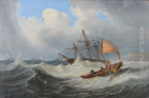 A Three Masted Merchantman Lying To Wind, Under Anchor, In Gale Off A Lee Shore