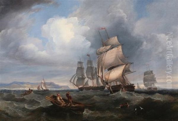 Sailors In Rowboat Waving To Schooners - view 1