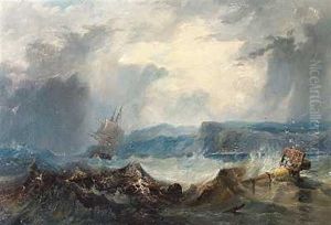Marine Med Sejlskib Ud For En Klippekyst I Hardt Vejr by John Wilson Carmichael