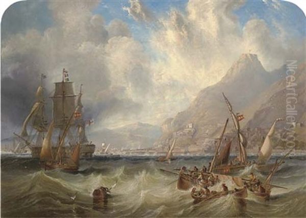 A Large Second Rate (h.m.s. Asia?) Passing Through Local Small Craft Off Gibraltar - view 1
