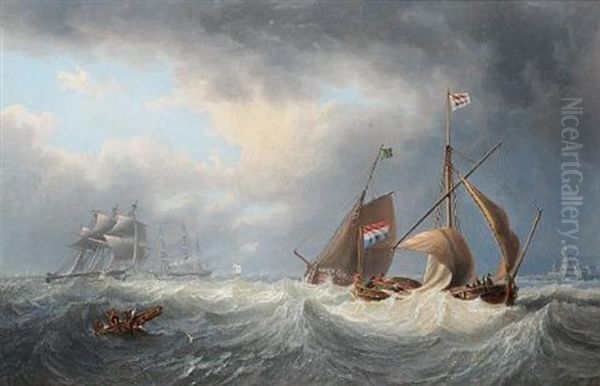 Barges And Larger Vessels Off Vlissengen (flushing) In A Heavy Swell - view 1