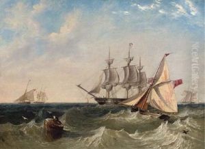 Naval Cutters Offshore With A Frigate Coming To Anchor (at Spithead?) by John Wilson Carmichael