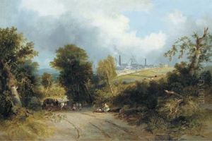 A Wooded Landscape With Figures And A Horse And Cart On A Track In The Foreground, And The Waldridge Colliery Beyond