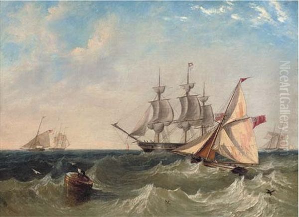 Naval Cutters Offshore With A Frigate Coming To Anchor (spithead?) - view 1