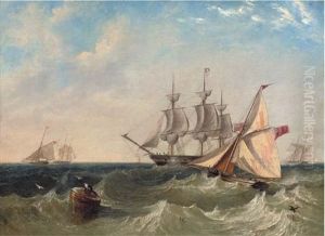 Naval Cutters Offshore With A Frigate Coming To Anchor (spithead?) by John Wilson Carmichael
