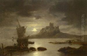 Bamburgh Castle By Moonlight, With Figures And Boats In The Foreground
