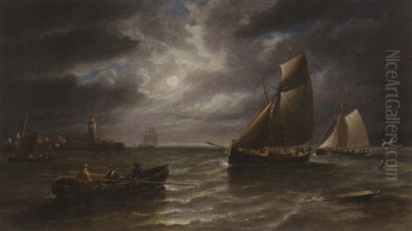 Shipping Off A Pier By Moonlight - view 1