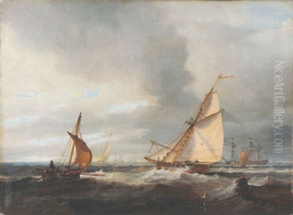 An Armed Cutter Heading For A Squadron Anchored Off Shore - view 1