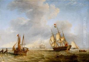 A Busy Shipping Channel With A Frigate-built Ship, A Fishing Boat And Other Shipping by John Wilson Carmichael