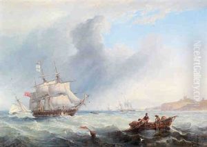 A Royal Navy Frigate Under Reduced Sail Running Past Tynemouth by John Wilson Carmichael