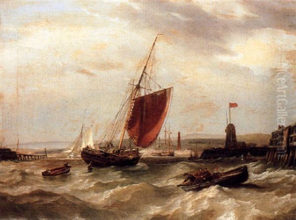 A Fishing Boat And Two Barges In A Harbour - view 1