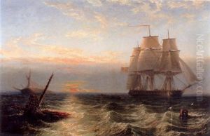 An English Warship Hove To, With A Rowing Boat Investigating A Wreck At Sunset by John Wilson Carmichael