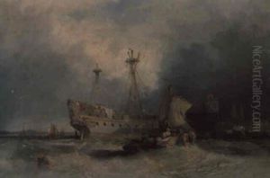 A Market Boat And A Hulk In A Bush Continental Harbour by John Wilson Carmichael