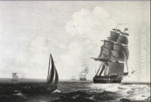 A Man-o'-war And Other Shipping In An Estuary by John Wilson Carmichael
