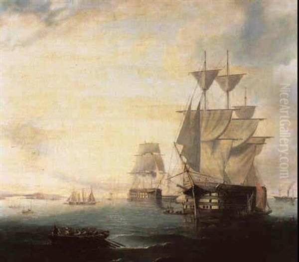 A Three-decker At Anchor And Drying Her Sails Amidst Other Shipping Off A Mediterranean Port - view 1