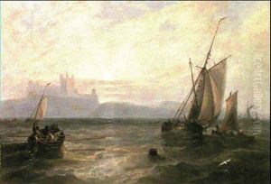 Fishing Vessels At Dusk Off Bamburgh Castle by John Wilson Carmichael