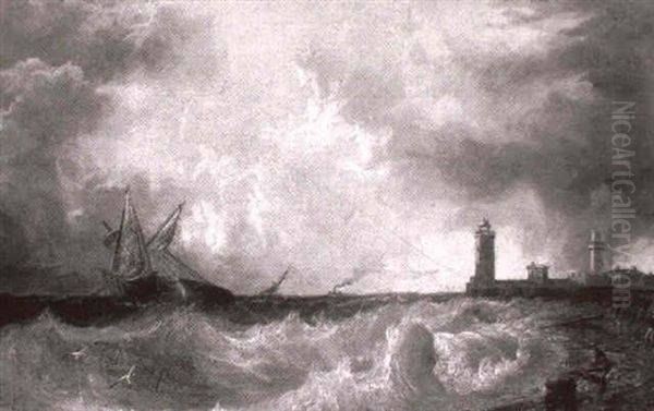 Figures Beaching Stricken Brig During Storm - view 1