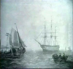 A Sailing Barge And A Ship Fo The Line Off A Dutch          Lighthouse