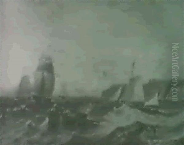 Marine Mit Schonem, Fischkuttern, Ruderbooten Und           Zweimastbrigg In Bewegter See Vor Der Englischen Kuste - view 1