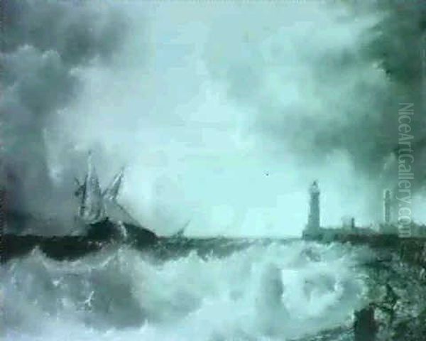Figures On A Beach Securing A Foundering Brig With Cables - view 1